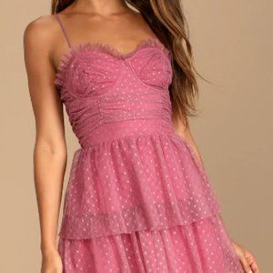 Sweetheart Style Mauve Polka Dot Bustier Tiered Midi Dress